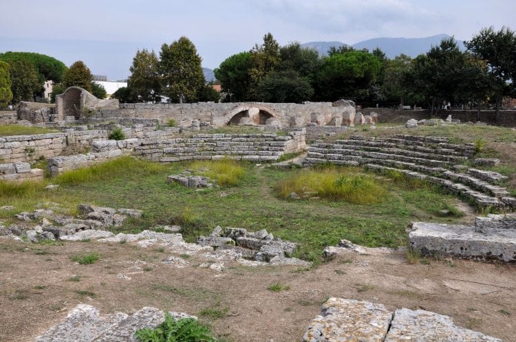 Ancient ruins in Italy, amphitheater at Paestum Ancient roman ampitheater