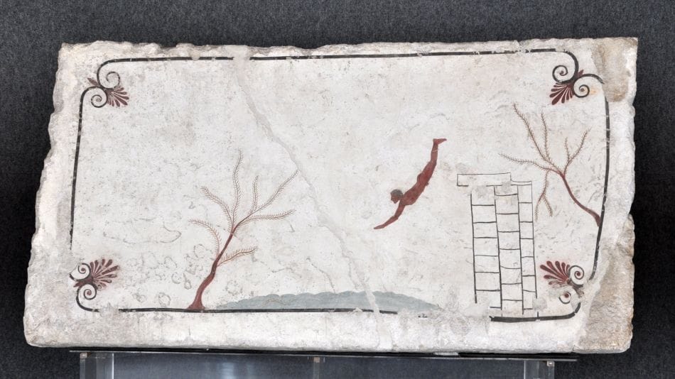 Ancient Greek Tomb of the Diver in Paestum, Italy Paestum's famous Tomb of the Diver fresco