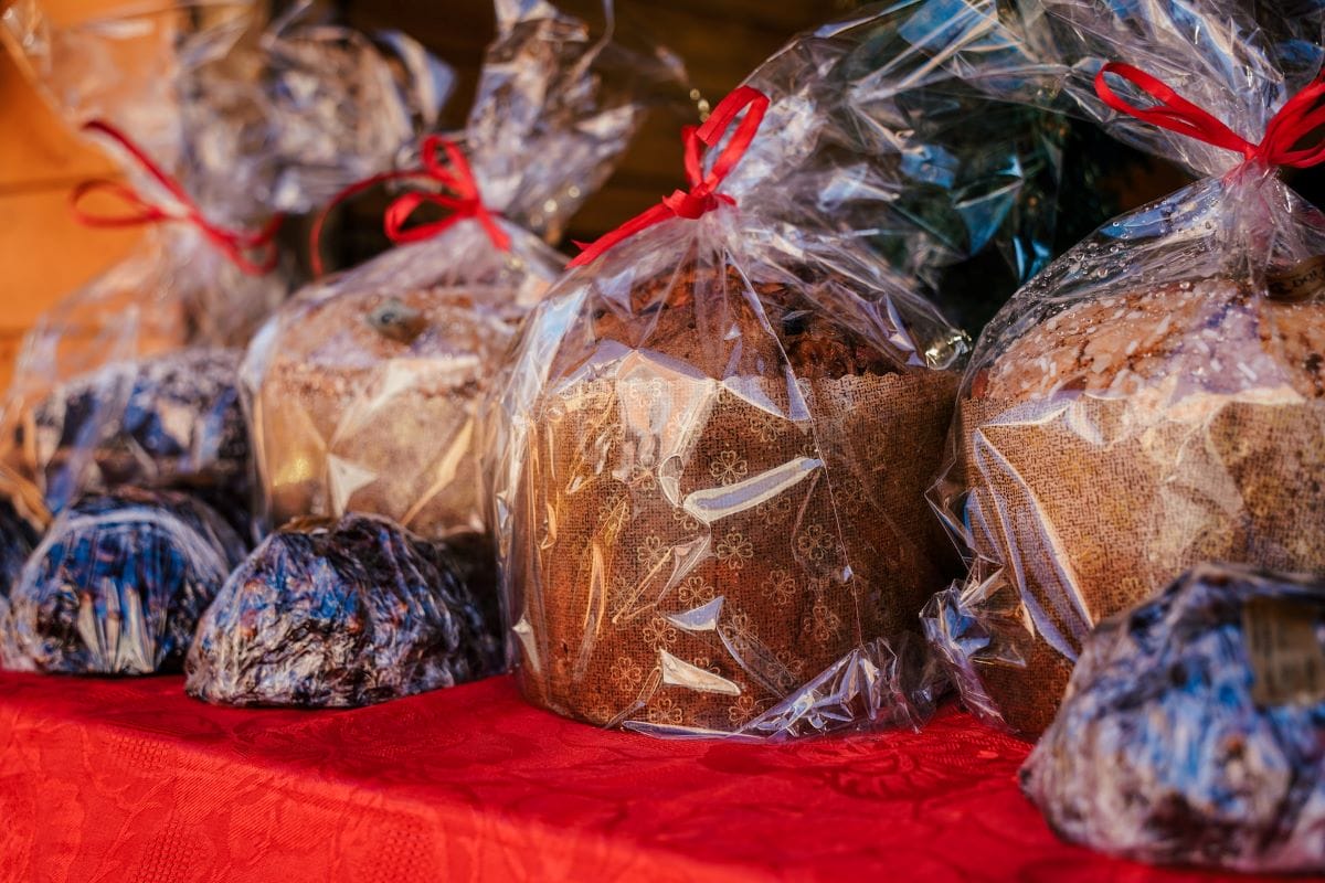 wrapped Italian Christmas breads at an Italian market. 