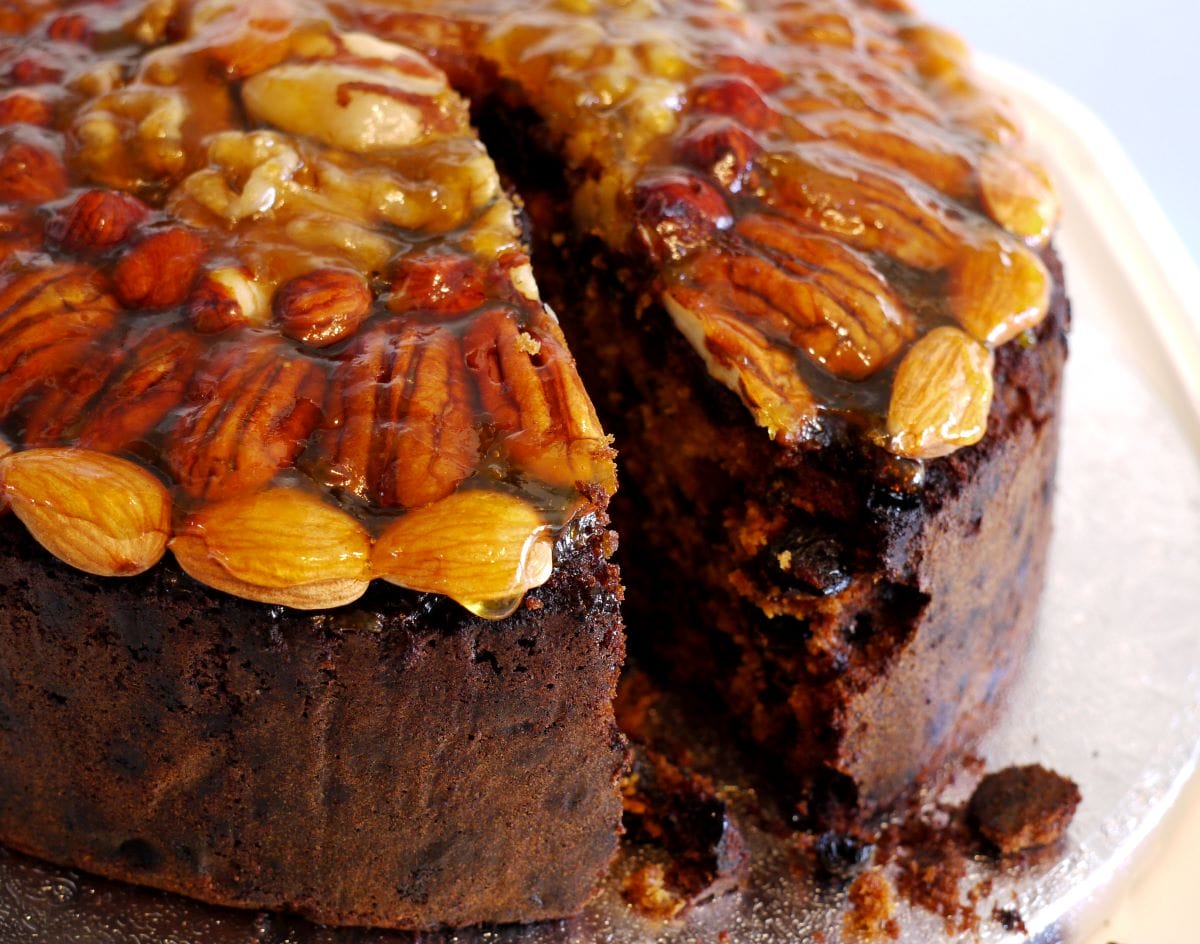 close-up of Italian Christmas bread with nuts. 