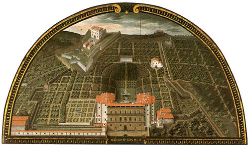 A lunette painted in 1599 by Giusto Utens, depicts the palazzo before its extensions, with the amphitheatre and the Boboli Gardens behind.