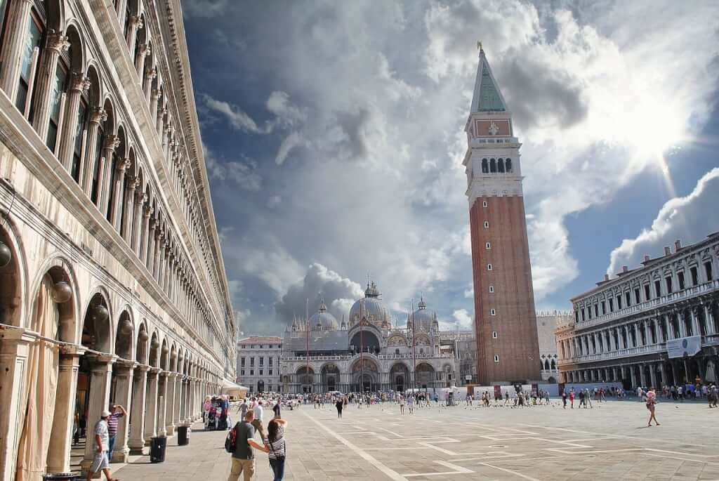 The belltower of St. Mark’s Basilica towers high above the square