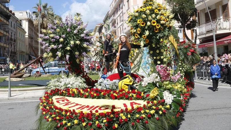 Gardens in Liguria Italy Battaglia di Fiori - one of the floats at the annual flower festival in Ventimiglia in June