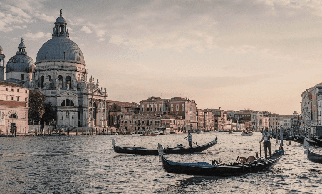 Gondolas on canals in Venice