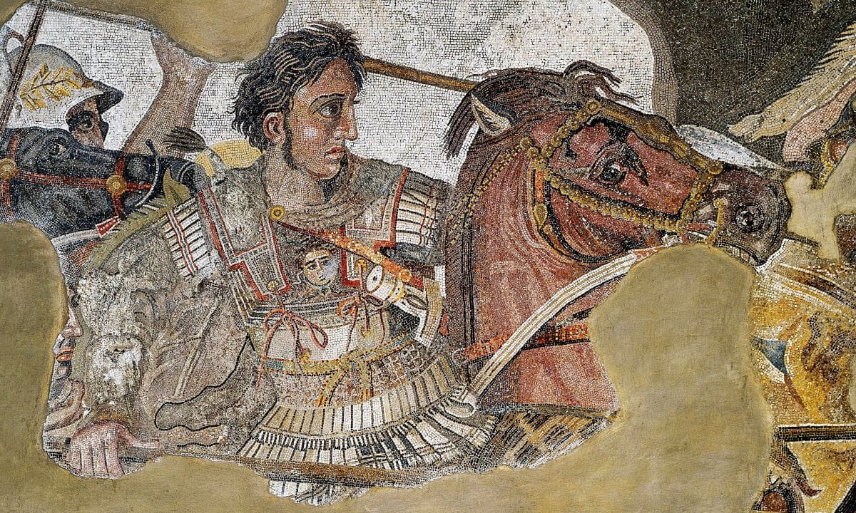 Intricate mosaic found on the floor the House of the Faun in Pompeii.
