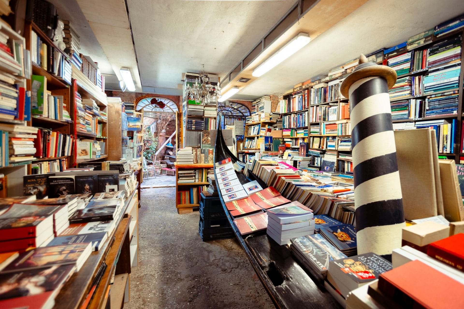 Libreria Acqua Alta in Venice, known for its book-filled gondolas