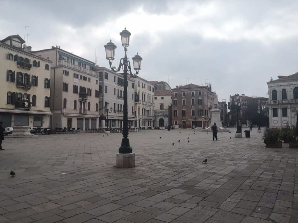 A peaceful Campo Santo Stefano in Venice during lockdown