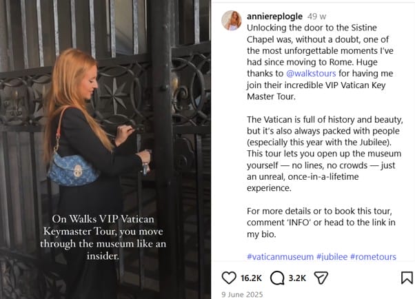 An instagram post showing a reel of the VIP Vatican Key Master Tour - one of, if not, the best way to see the Sistine Chapel