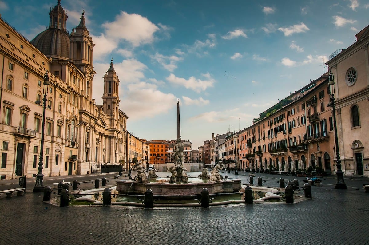 Morning at Rome's Piazza Navona with its large fountains.