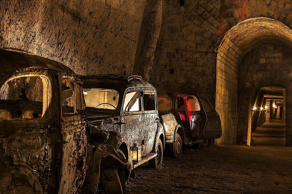 Bourbon Tunnel in Naples with cars and stone walls
