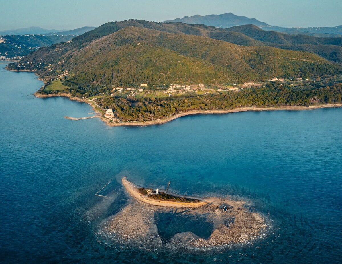 Areal view of Castellabate in the Cilento region of southern italy with water and island