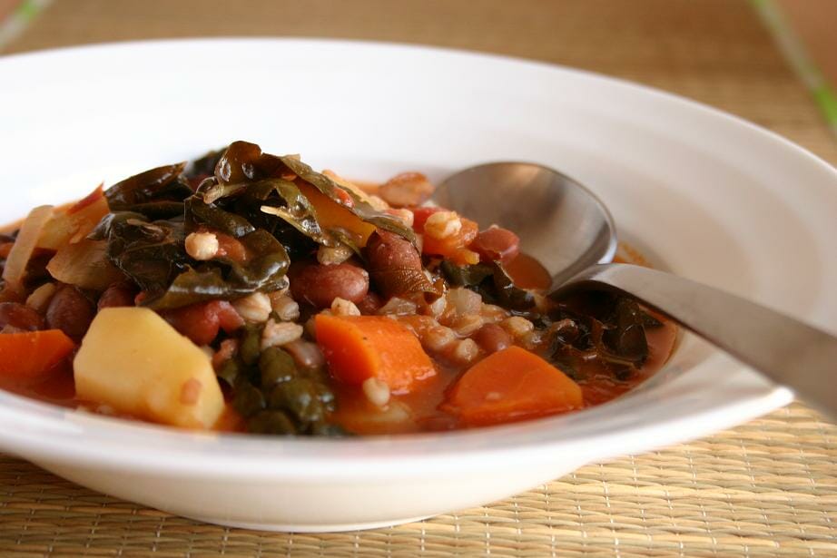A bowl of ribollita, a type of Italian stew with lots of vegetables