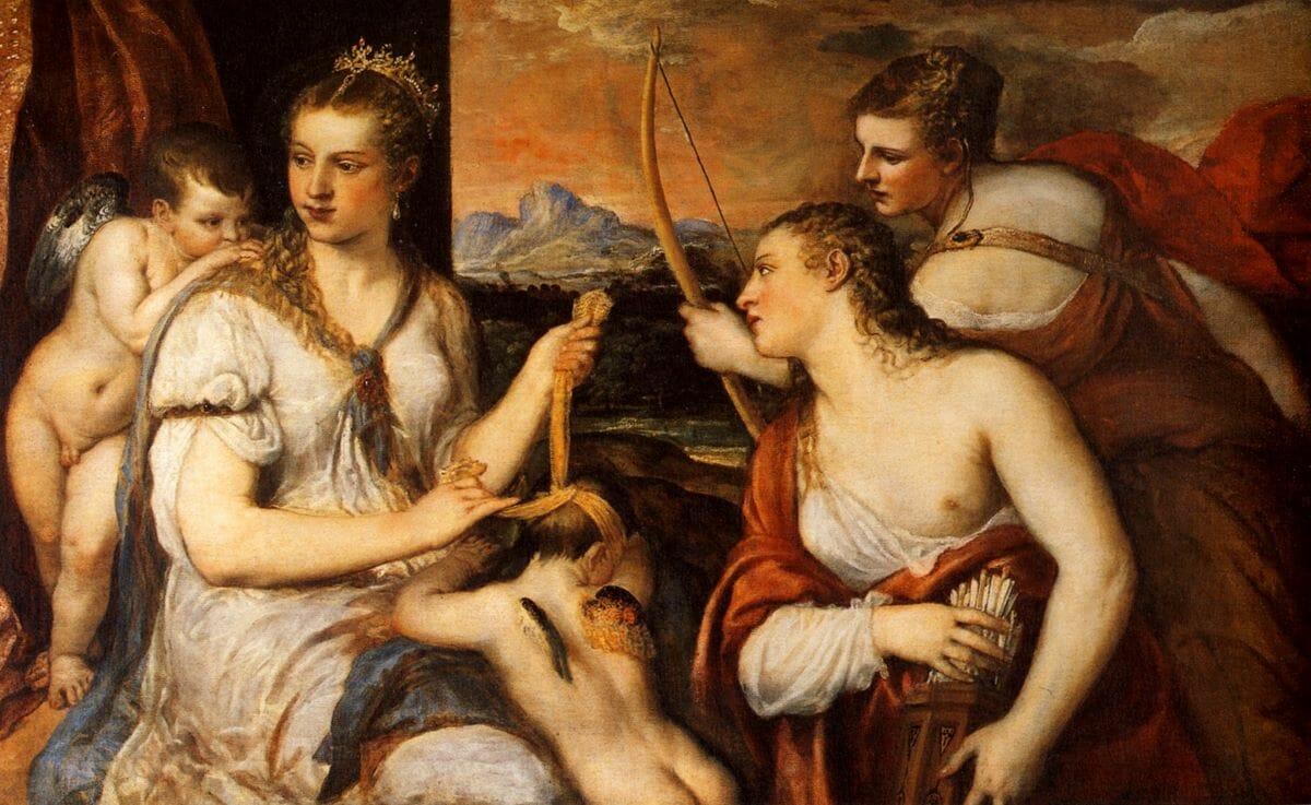 Painting displaying Venus Blindfolding Cupid by Titian