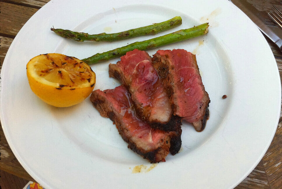 Steak, asparagus and lemon on a plate