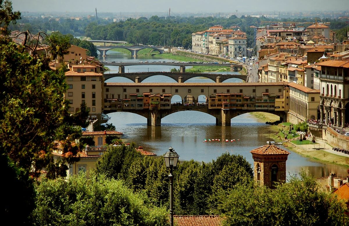 A bridge, buildings and a river