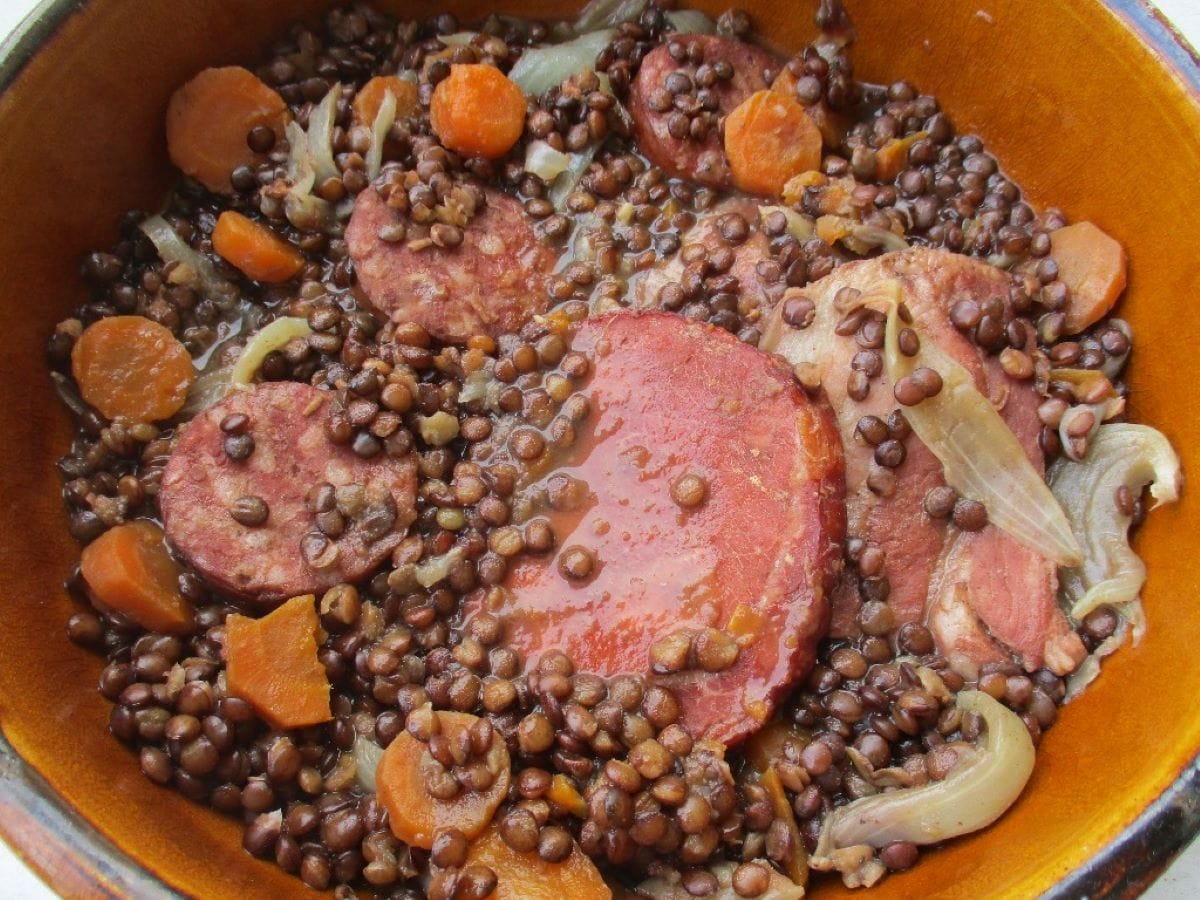 stew with lentils, pork and vegetables