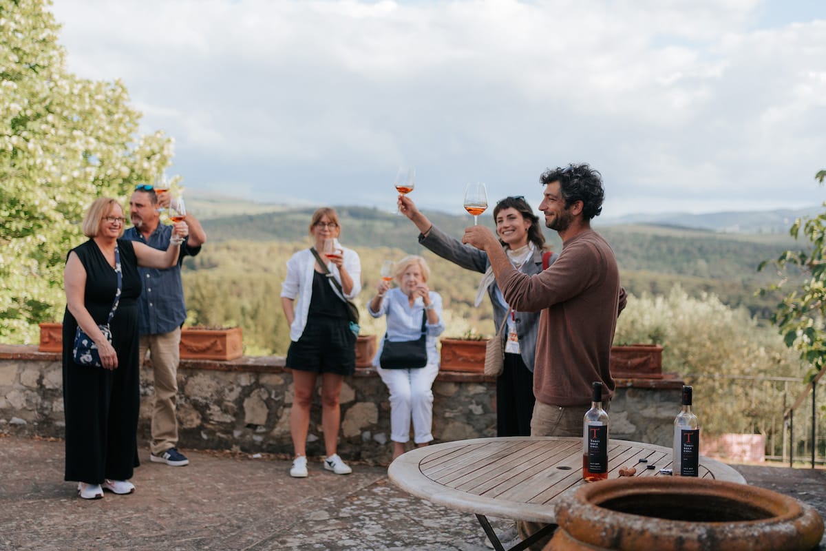 A group of people toasting in Chianti, Tuscany while on a wine tasting in July.