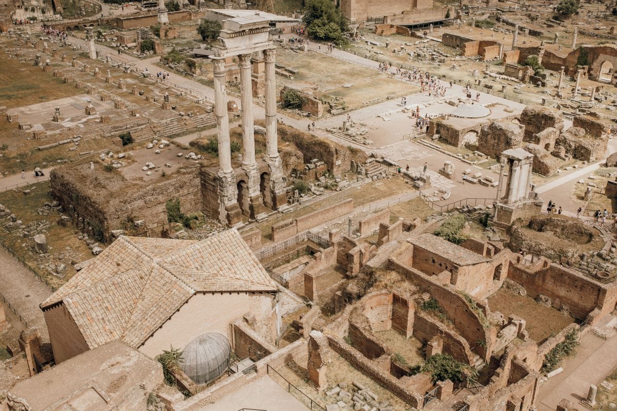 Large columns and Santa Maria Antiqua church make up the ancient ruins of the Roman Forum, one of Rome's Super Sites.