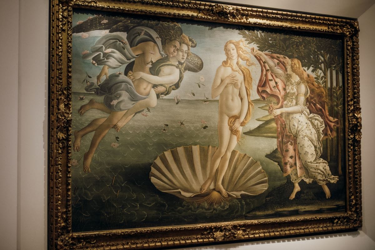 Oil painting of Venus in her shell, one of the most important artworks in Florence.