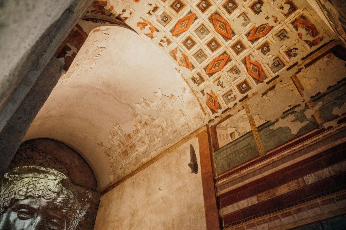 Ancient frescos painted on vaulted ceiling in the House of Augustus in Rome.