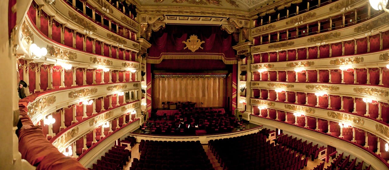 The stunning red, cream and gold auditorium of the Teatro alla scala opera house in Milan 