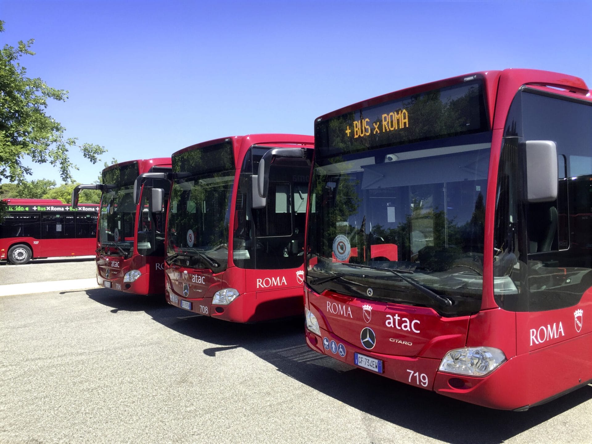 3 red mercedes buses, some of the fleet used in Rome and operated by ATAC 